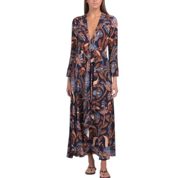 FARM RIO Nature Beauty Long Sleeve V-neck Maxi Dress - Picture 1 of 2